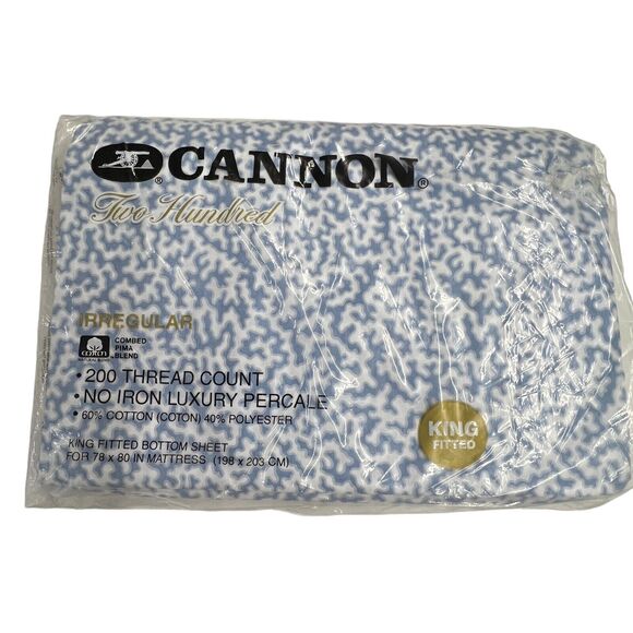 Vintage Cannon Two Hundred White Blue Coral Print King Fitted Sheet 200 TC - Picture 1 of 5